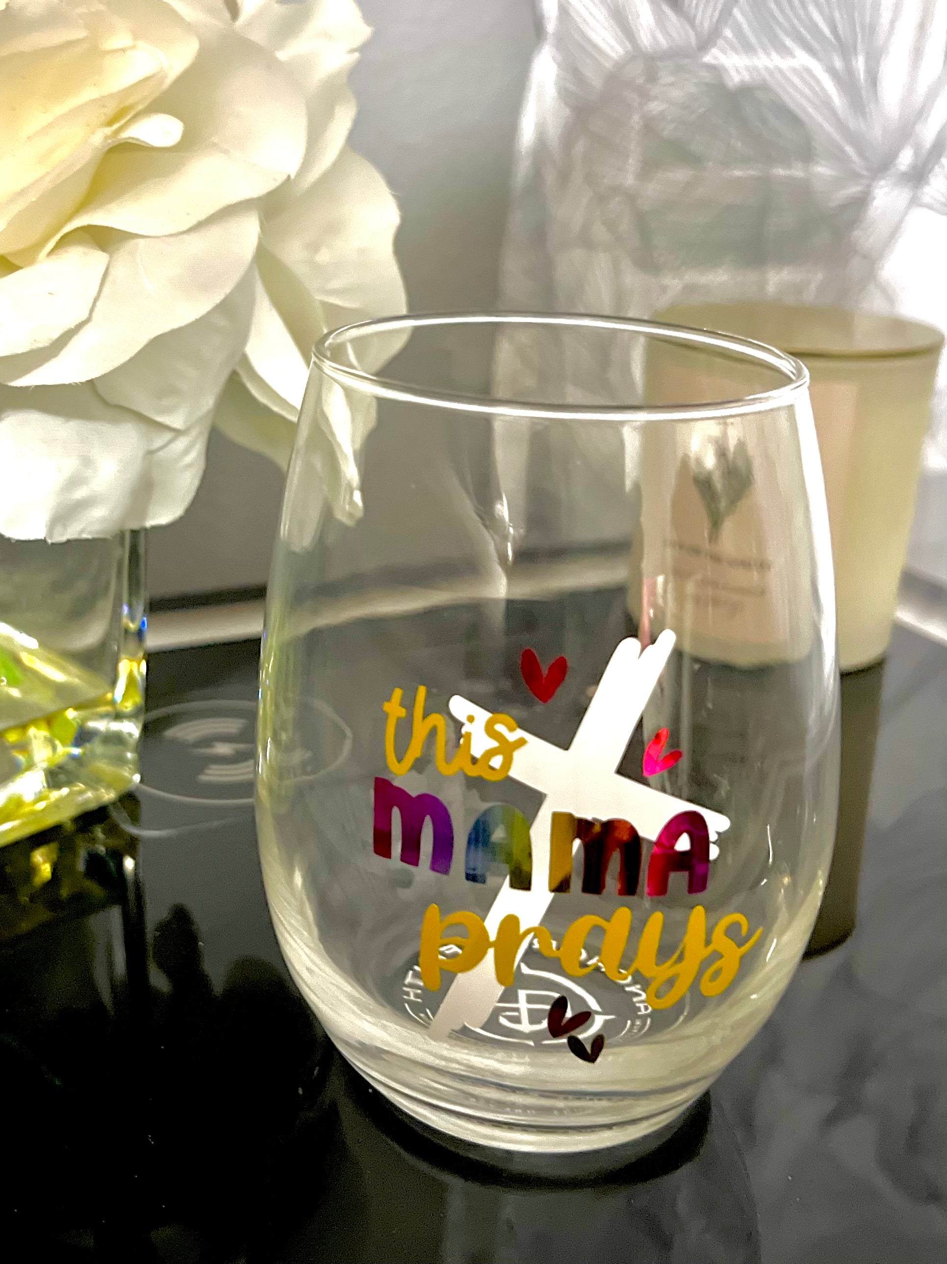 This Mama Prays Stemless Goblet Glass